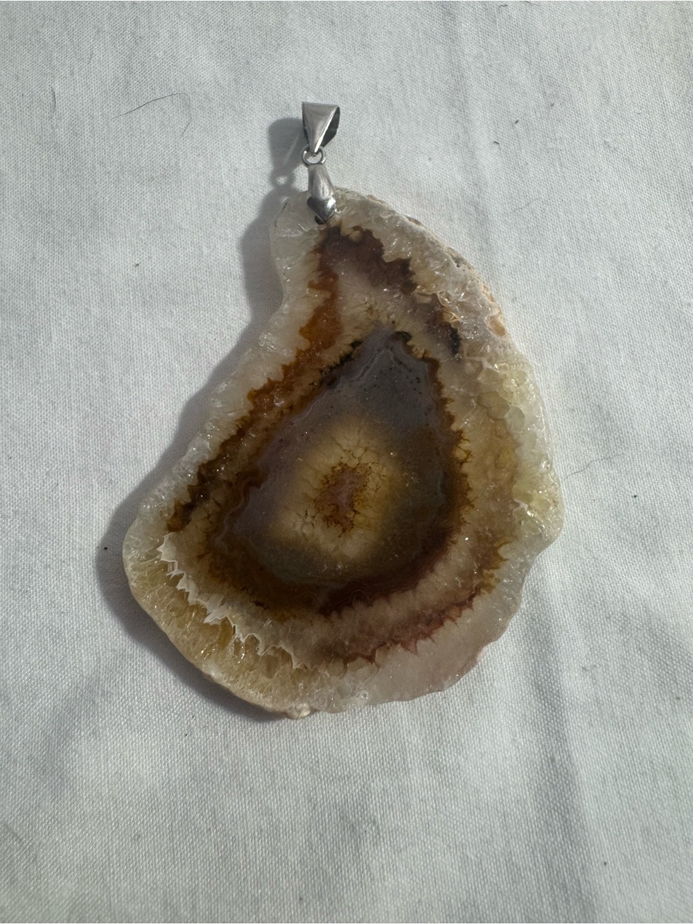 Polished Brown Agate Slice Silver Pendant Necklace Boho Festival Huge Statement